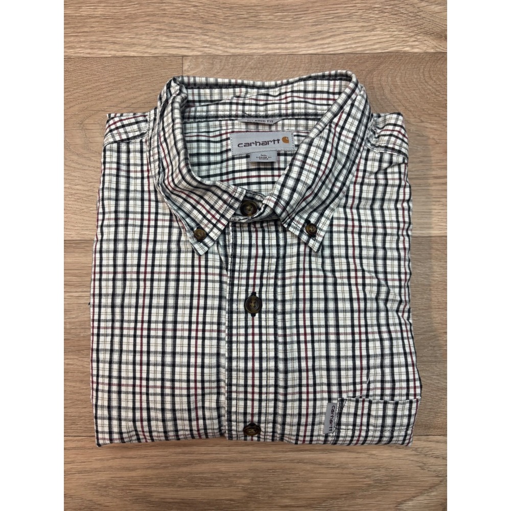 Carhartt Mens Relaxed Fit Short Sleeve Plaid Button Down Shirt XL White Black